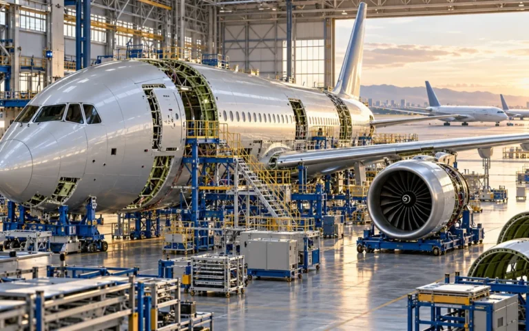 Illustrazione di un aereo passeggeri in un hangar di assemblaggio con componenti e attrezzature
