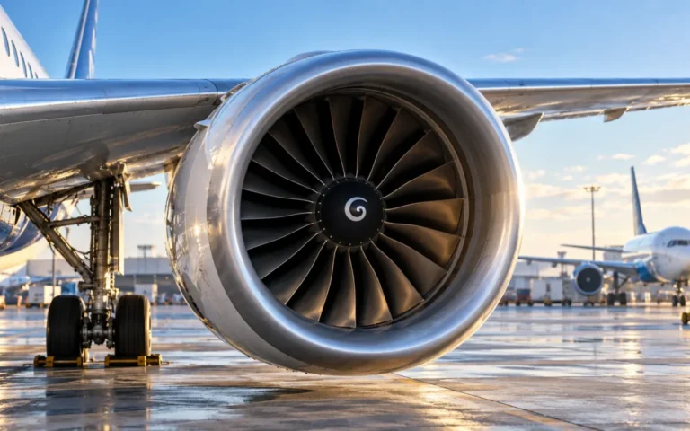 Motore e ala di un aereo commerciale in primo piano su un piazzale aeroportuale, con un secondo velivolo sullo sfondo.
