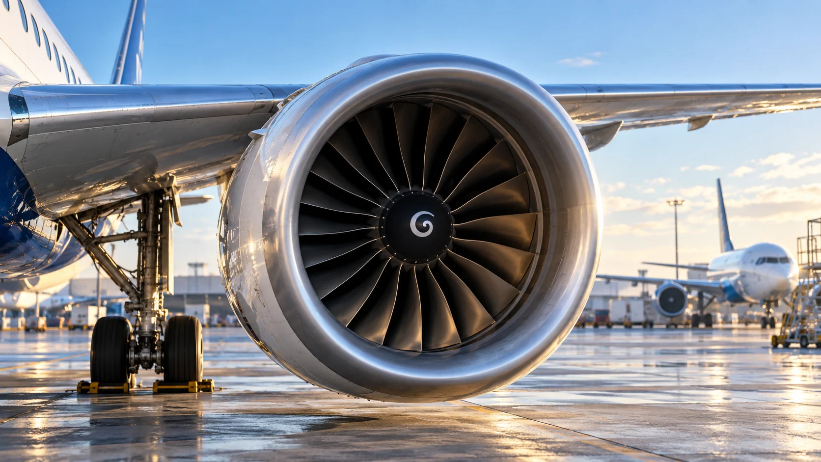 Motore e ala di un aereo commerciale in primo piano su un piazzale aeroportuale, con un secondo velivolo sullo sfondo.