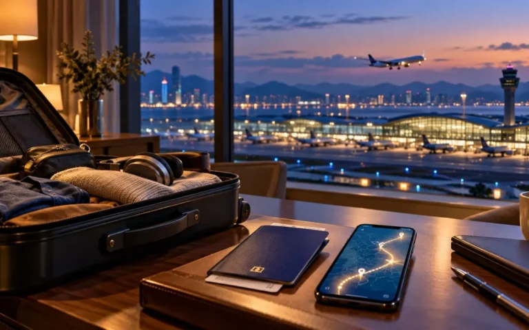 Smartphone con itinerario digitale, valigia e documenti di viaggio in una camera d’albergo.