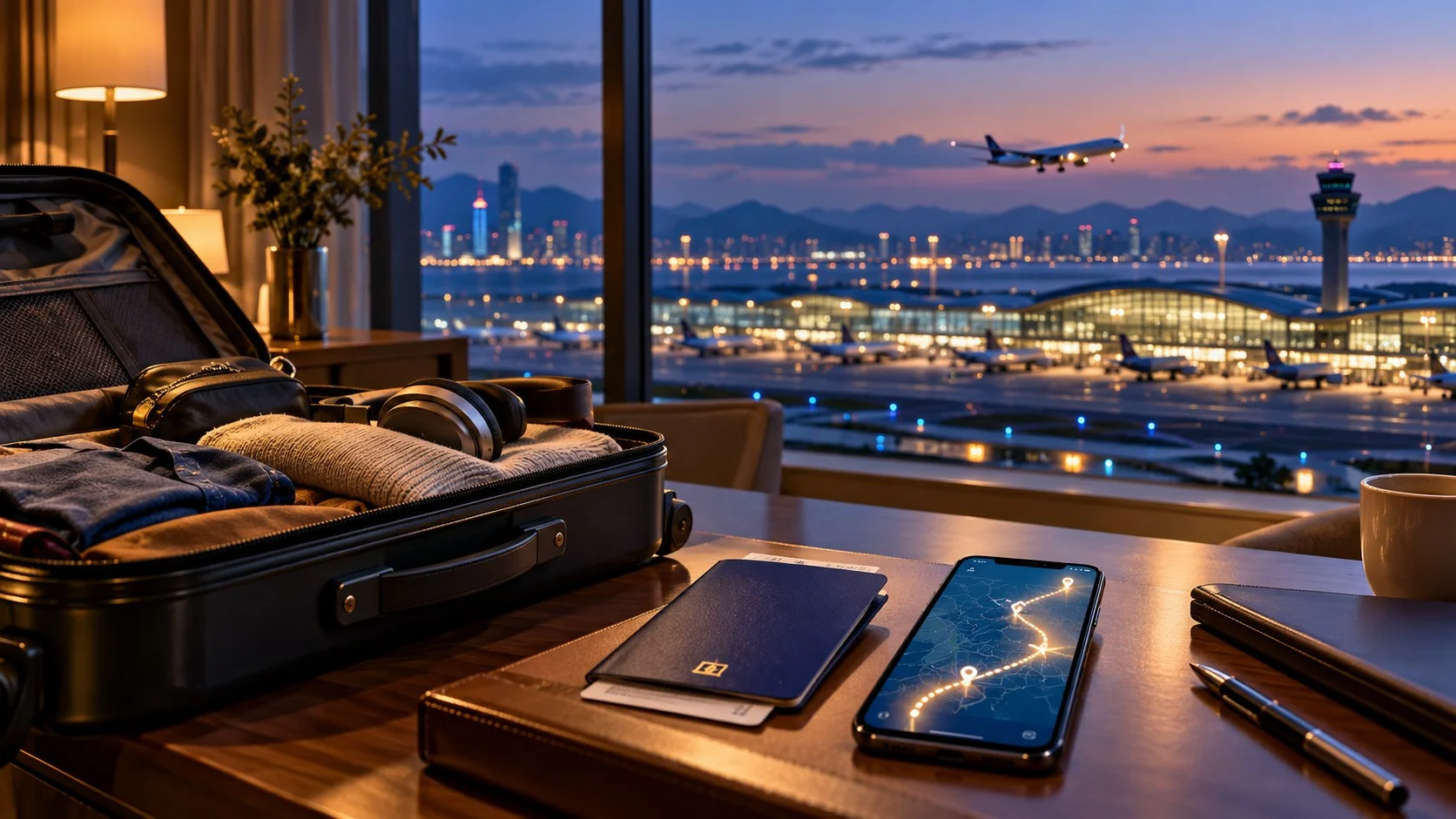 Smartphone con itinerario digitale, valigia e documenti di viaggio in una camera d’albergo.