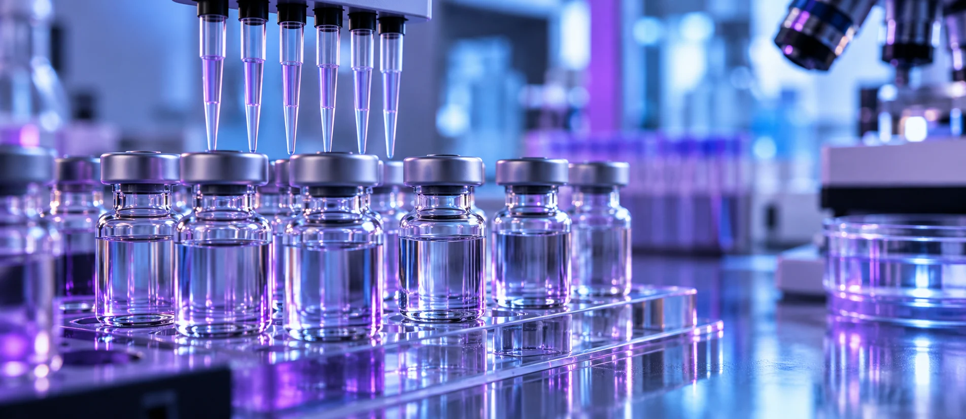 Fiale e strumenti in un laboratorio farmaceutico, rappresentazione della ricerca oncologica di Bristol Myers Squibb.