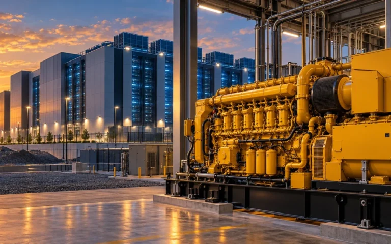 Illustrazione di un generatore industriale giallo davanti a un data center, con un escavatore sullo sfondo