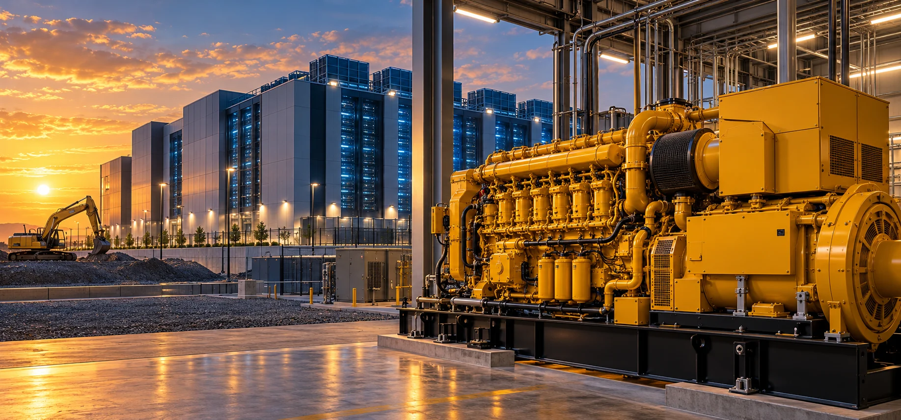 Illustrazione di un generatore industriale giallo davanti a un data center, con un escavatore sullo sfondo