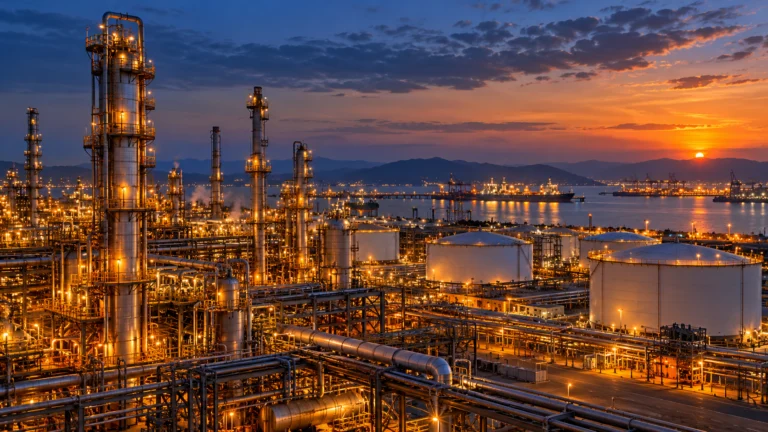 Raffineria illuminata al crepuscolo con torri e serbatoi, rappresentazione delle attività energetiche di Chevron.