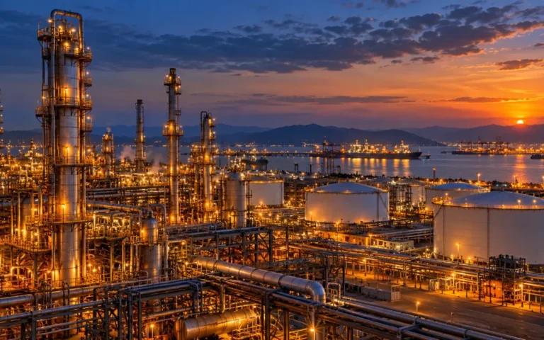Raffineria illuminata al crepuscolo con torri e serbatoi, rappresentazione delle attività energetiche di Chevron.