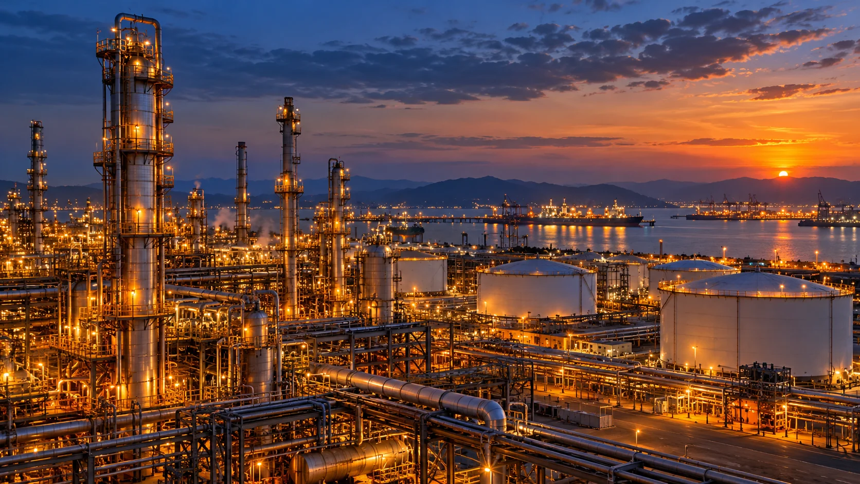Raffineria illuminata al crepuscolo con torri e serbatoi, rappresentazione delle attività energetiche di Chevron.