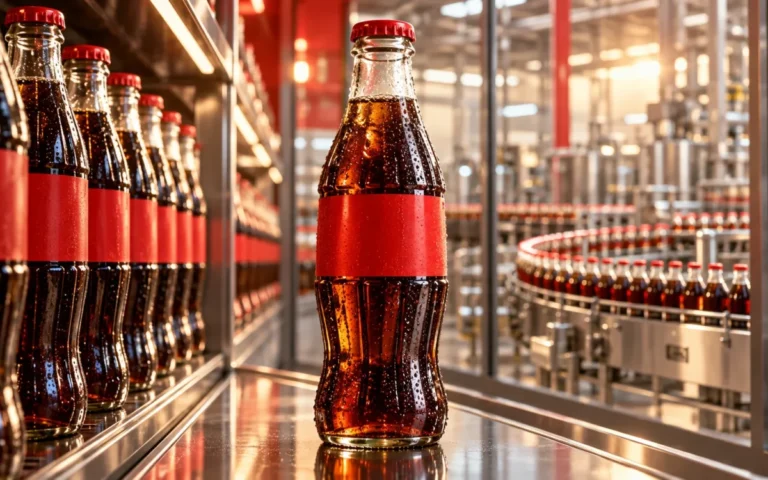Bottiglia di cola con etichetta rossa senza scritte, davanti a scaffali e a una linea di imbottigliamento.