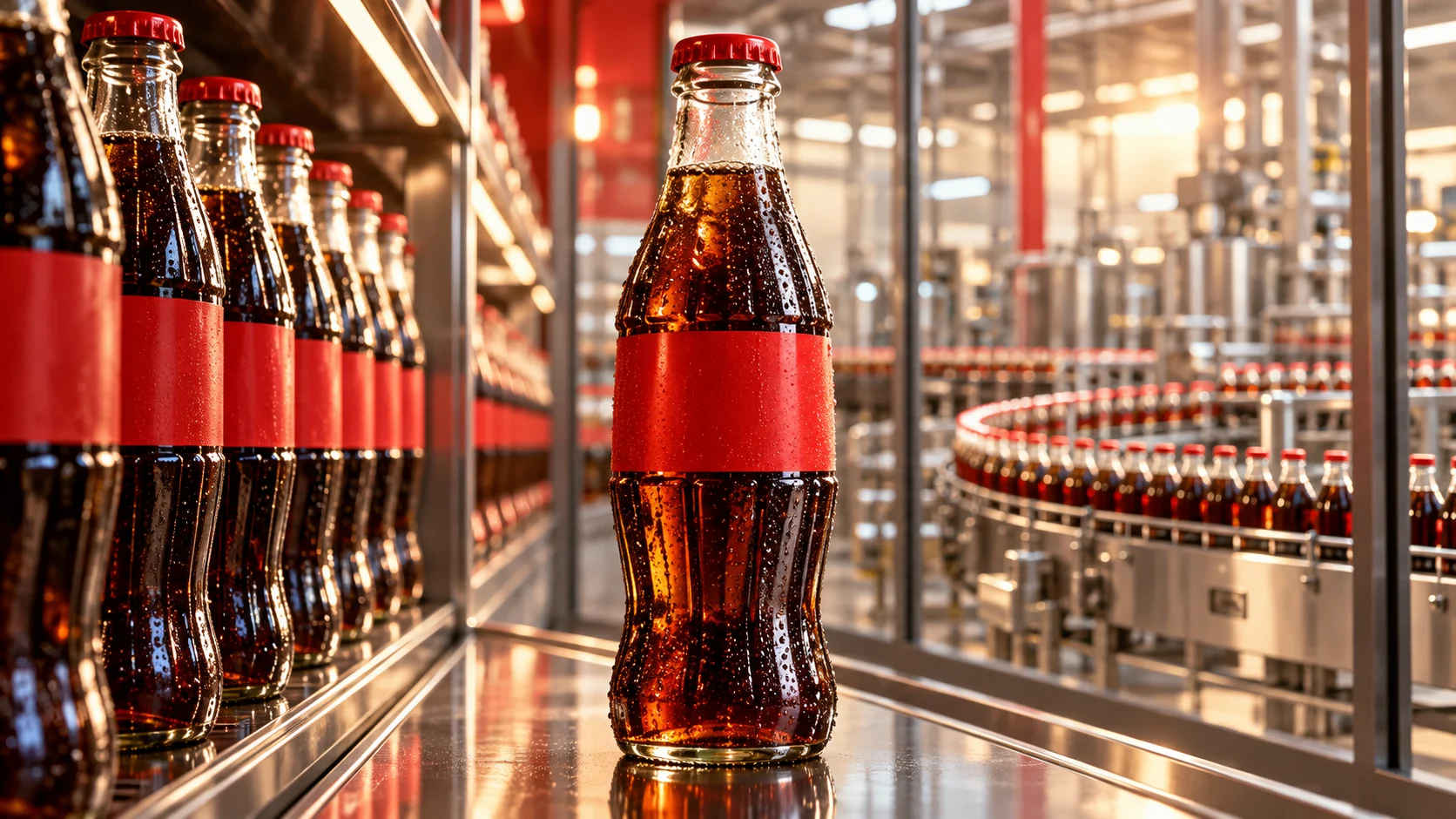 Bottiglia di cola con etichetta rossa senza scritte, davanti a scaffali e a una linea di imbottigliamento.