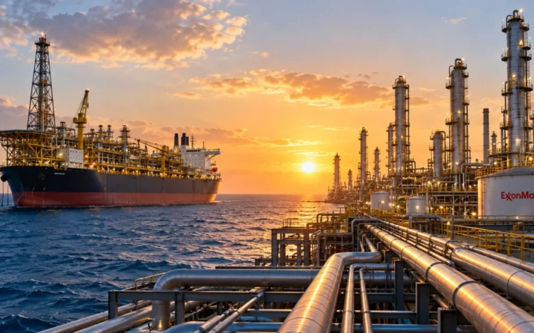 Nave per la produzione petrolifera e impianto di raffinazione in una composizione industriale con marchio ExxonMobil.