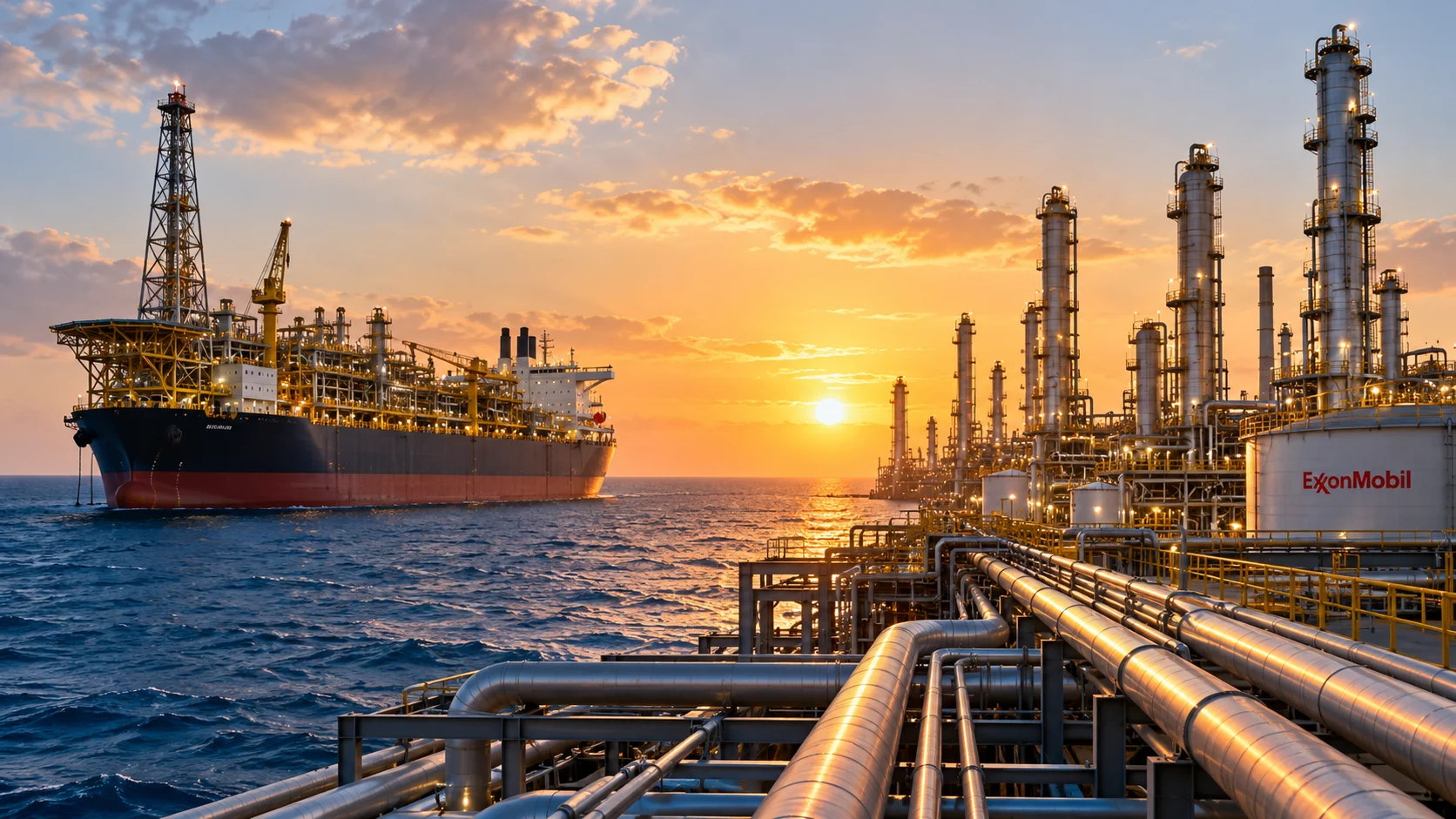 Nave per la produzione petrolifera e impianto di raffinazione in una composizione industriale con marchio ExxonMobil.
