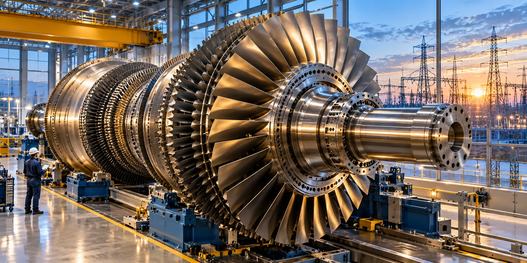 Rotore di una turbina a gas in una fabbrica moderna, rappresentazione della produzione di apparecchiature energetiche di GE Vernova.
