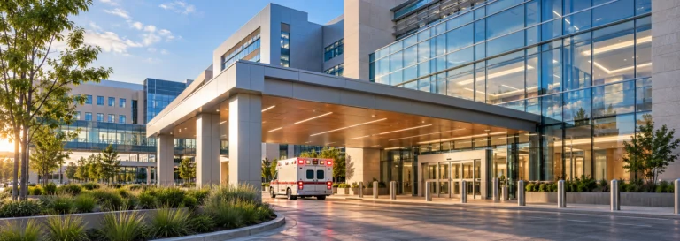 Ingresso di un moderno ospedale americano con ambulanza, rappresentazione dell’attività di HCA Healthcare.