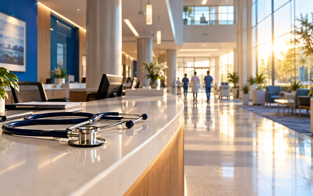 Stetoscopio in primo piano e reception di un ospedale moderno, rappresentazione dell’attività sanitaria di HCA Healthcare.
