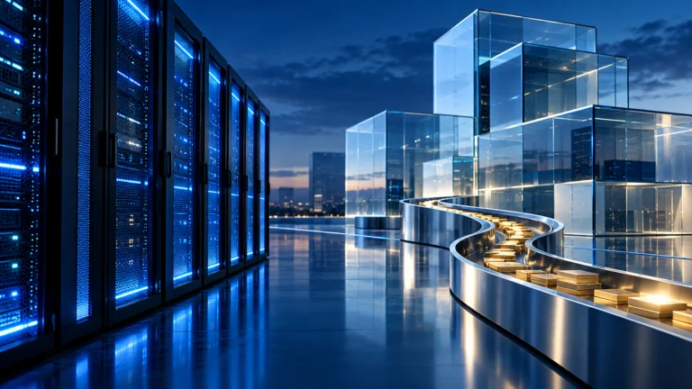 Illustrazione di server aziendali blu e strutture trasparenti, simbolo di software e flussi finanziari.