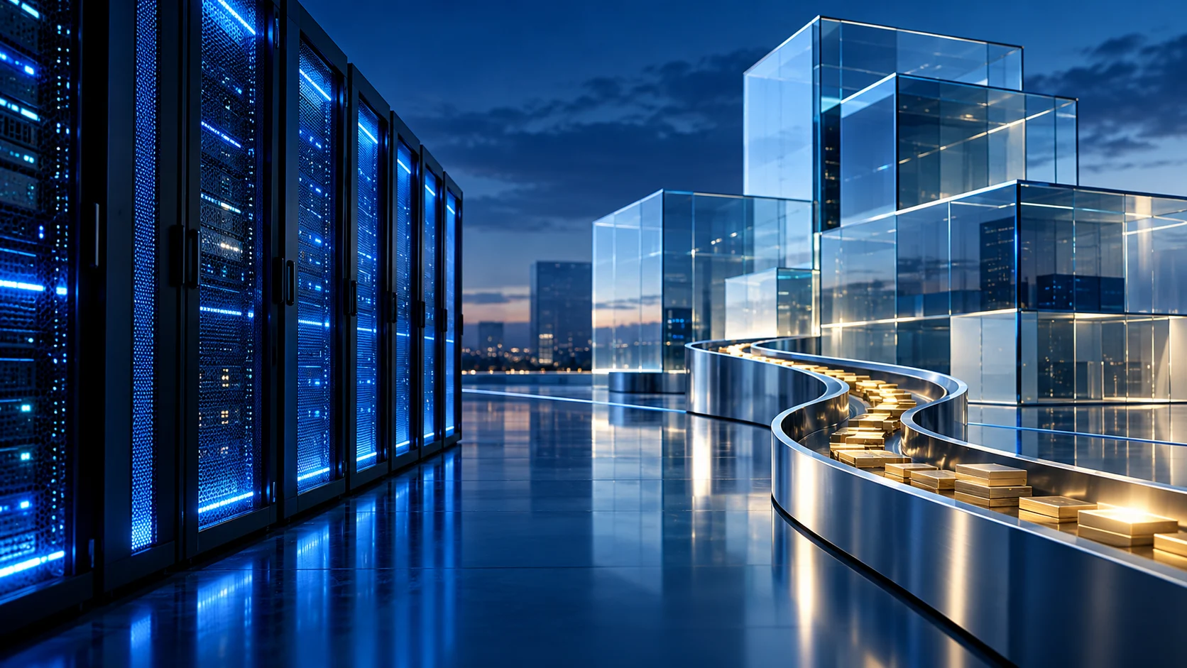Illustrazione di server aziendali blu e strutture trasparenti, simbolo di software e flussi finanziari.