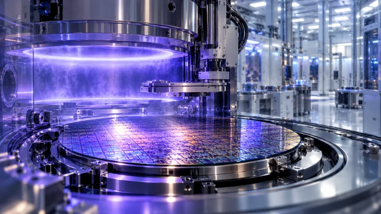 Wafer di silicio e braccio robotico in una camera di lavorazione per semiconduttori