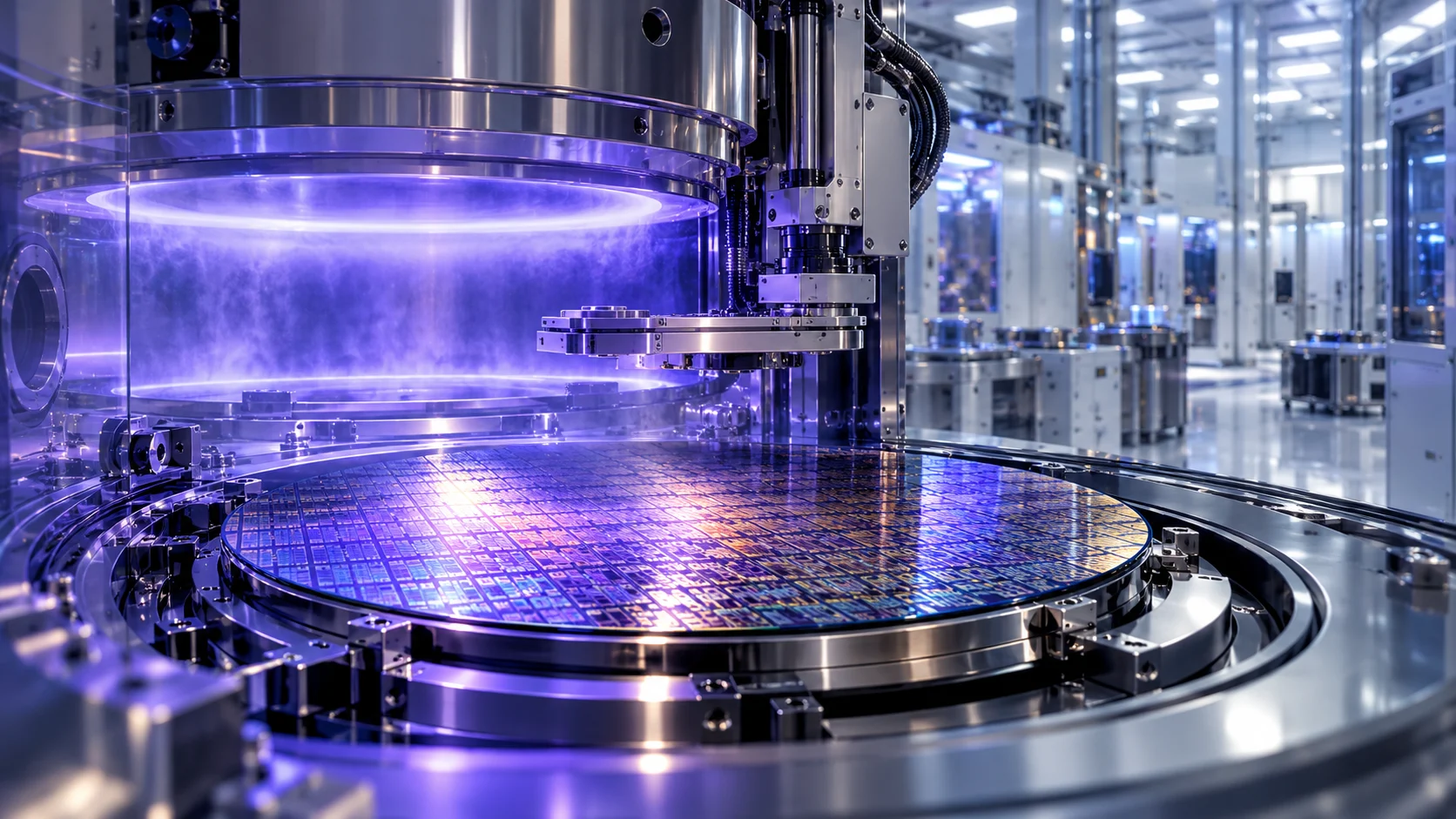 Wafer di silicio e braccio robotico in una camera di lavorazione per semiconduttori