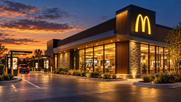 Ristorante fast food con insegna McDonald’s e area drive-thru al tramonto.