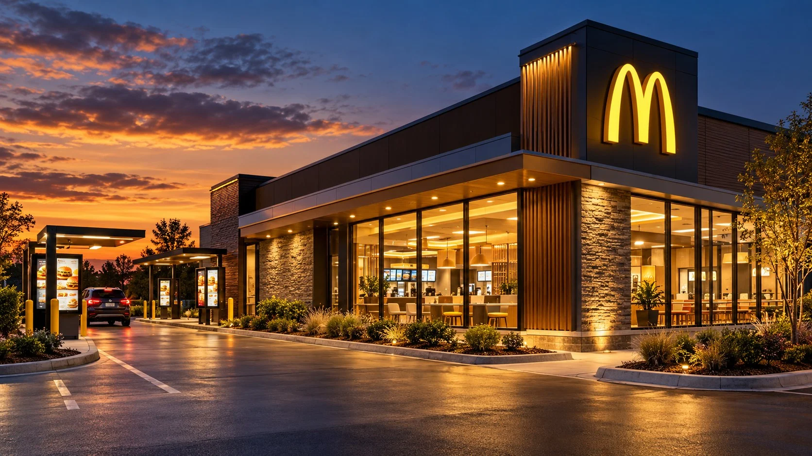 Ristorante fast food con insegna McDonald’s e area drive-thru al tramonto.