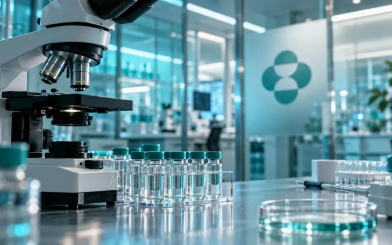 Fiale di laboratorio e microscopio davanti a una parete con il marchio Merck.