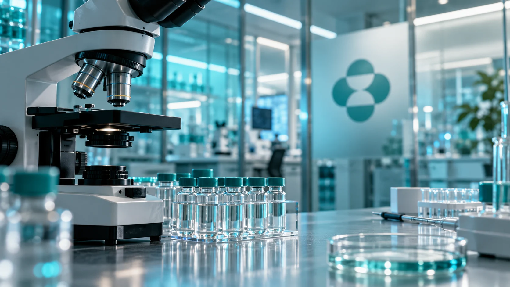 Fiale di laboratorio e microscopio davanti a una parete con il marchio Merck.