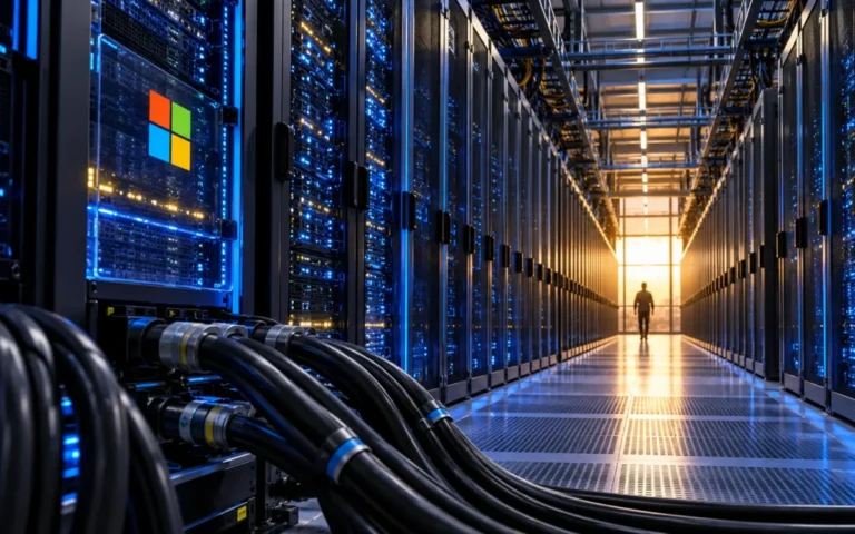 Corridoio di server in un data center con simbolo Microsoft su un pannello di vetro
