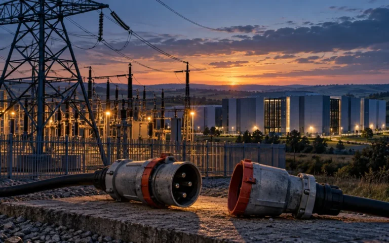 Data center e infrastruttura elettrica con connettore scollegato, illustrazione dei ritardi di connessione