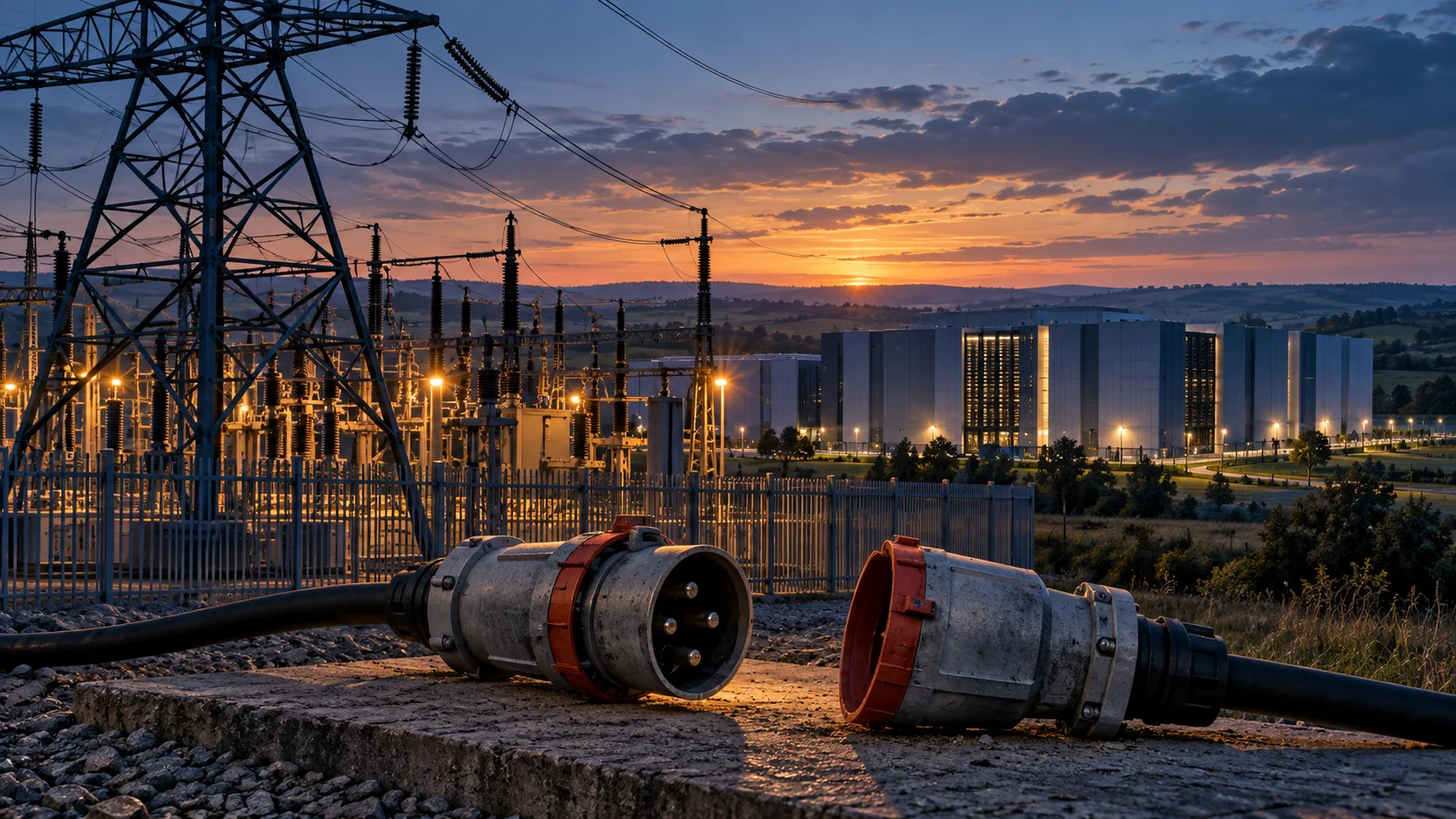 Data center e infrastruttura elettrica con connettore scollegato, illustrazione dei ritardi di connessione