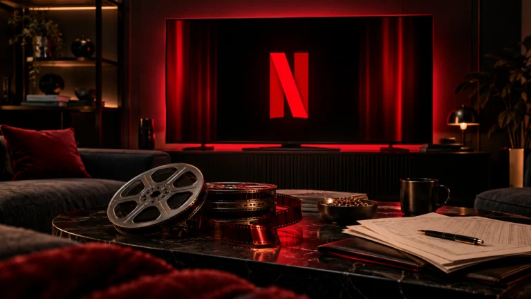 Televisore con simbolo Netflix, bobine cinematografiche e documenti finanziari in un salotto