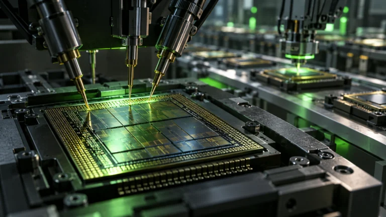 Chip e sonde di collaudo davanti a una linea illustrativa di assemblaggio di semiconduttori