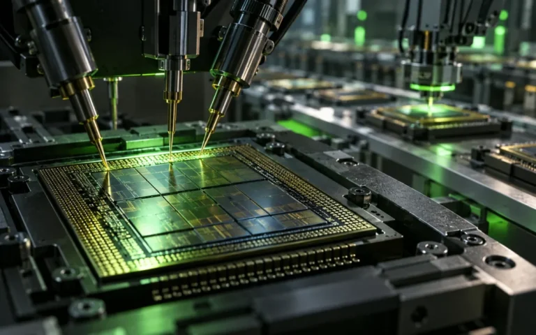 Chip e sonde di collaudo davanti a una linea illustrativa di assemblaggio di semiconduttori