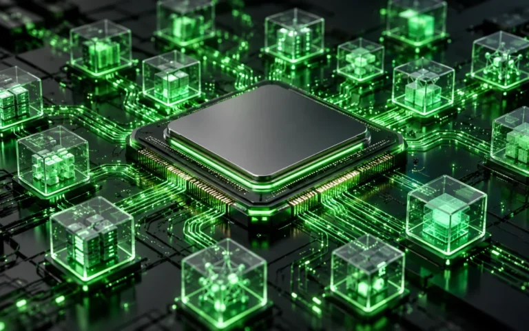 Processore illuminato di verde circondato da ambienti di calcolo trasparenti, illustrazione delle CPU per agenti AI