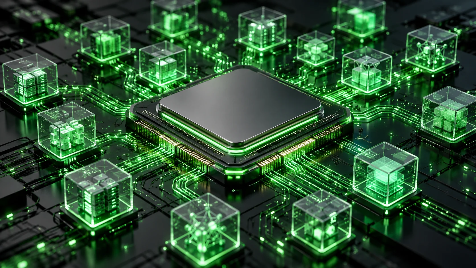 Processore illuminato di verde circondato da ambienti di calcolo trasparenti, illustrazione delle CPU per agenti AI
