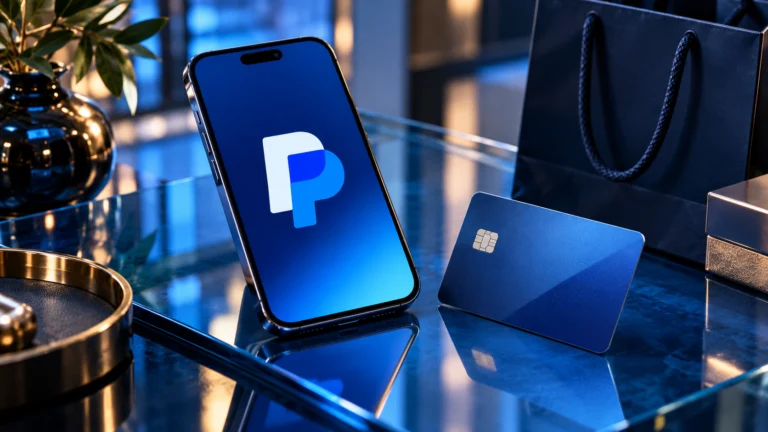 Smartphone con simbolo PayPal accanto a una carta e una borsa per acquisti, su un piano blu.