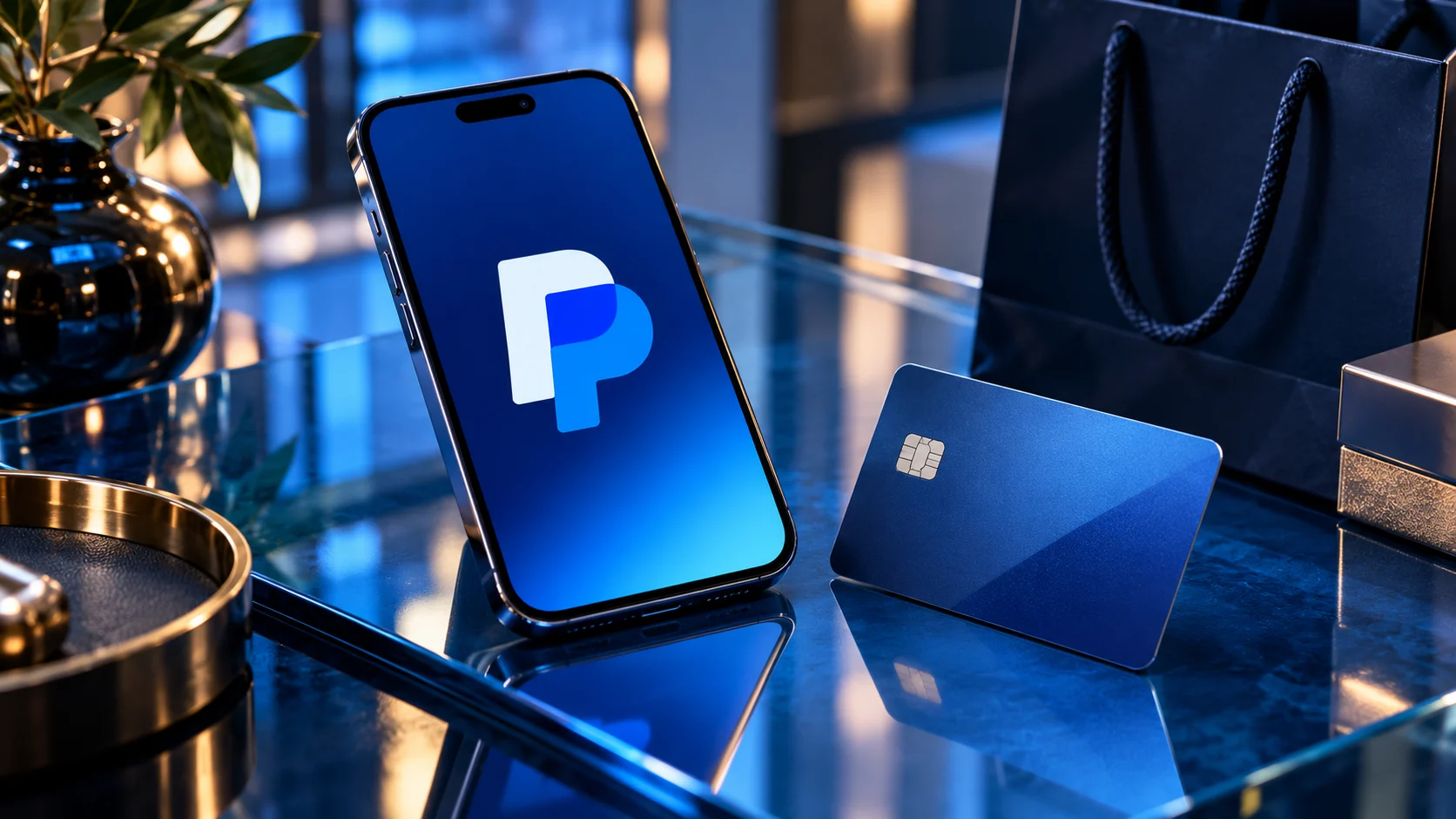 Smartphone con simbolo PayPal accanto a una carta e una borsa per acquisti, su un piano blu.