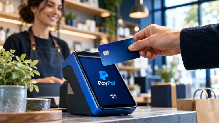 Terminale per pagamenti PayPal in un negozio, rappresentazione dei servizi di pagamento digitali.