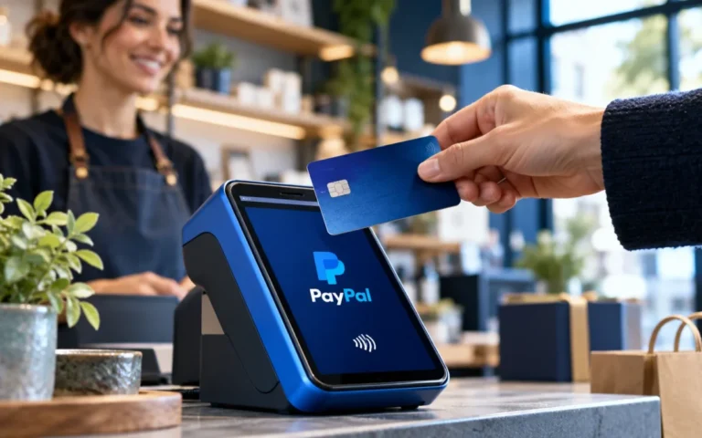 Terminale per pagamenti PayPal in un negozio, rappresentazione dei servizi di pagamento digitali.