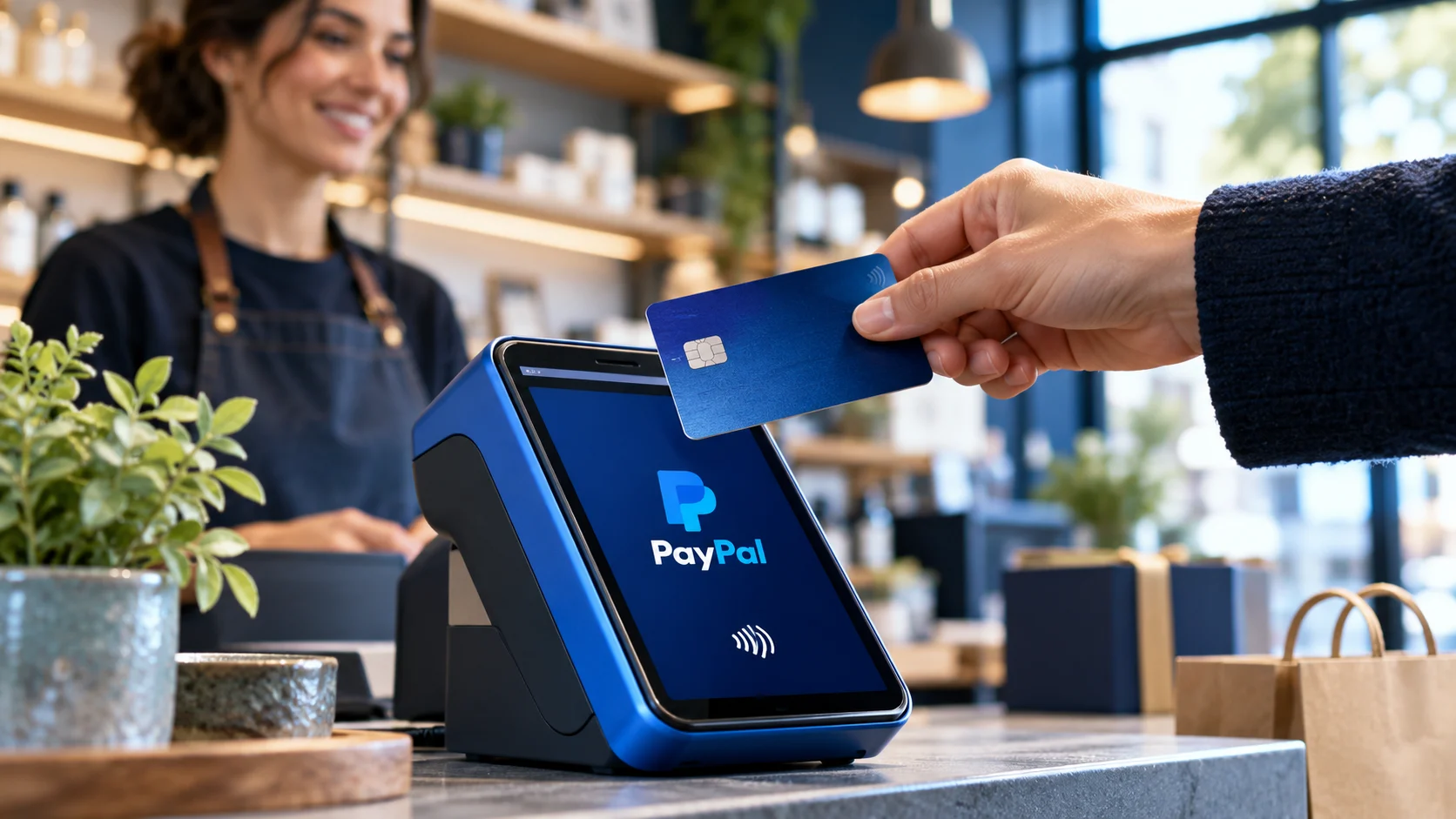 Terminale per pagamenti PayPal in un negozio, rappresentazione dei servizi di pagamento digitali.