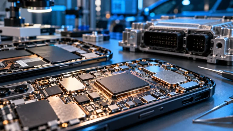 Processore e circuito di uno smartphone con componenti elettronici per auto, rappresentazione delle attività Qualcomm.