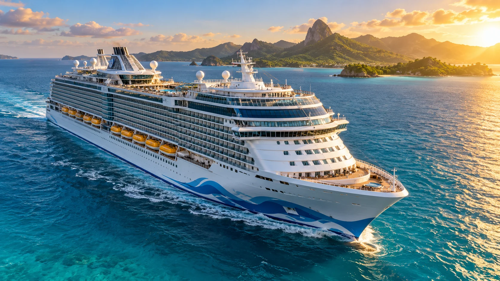 Grande nave da crociera in navigazione nel mare caraibico, rappresentazione dell’espansione della flotta Royal Caribbean.