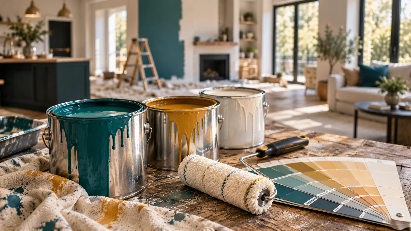 Barattoli di vernice, rullo e campionario di colori su un banco, rappresentazione del settore dei rivestimenti di Sherwin-Williams.