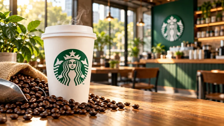 Tazza da asporto con simbolo Starbucks e chicchi di caffè su un bancone, con caffetteria sullo sfondo.