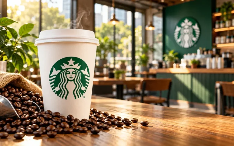 Tazza da asporto con simbolo Starbucks e chicchi di caffè su un bancone, con caffetteria sullo sfondo.