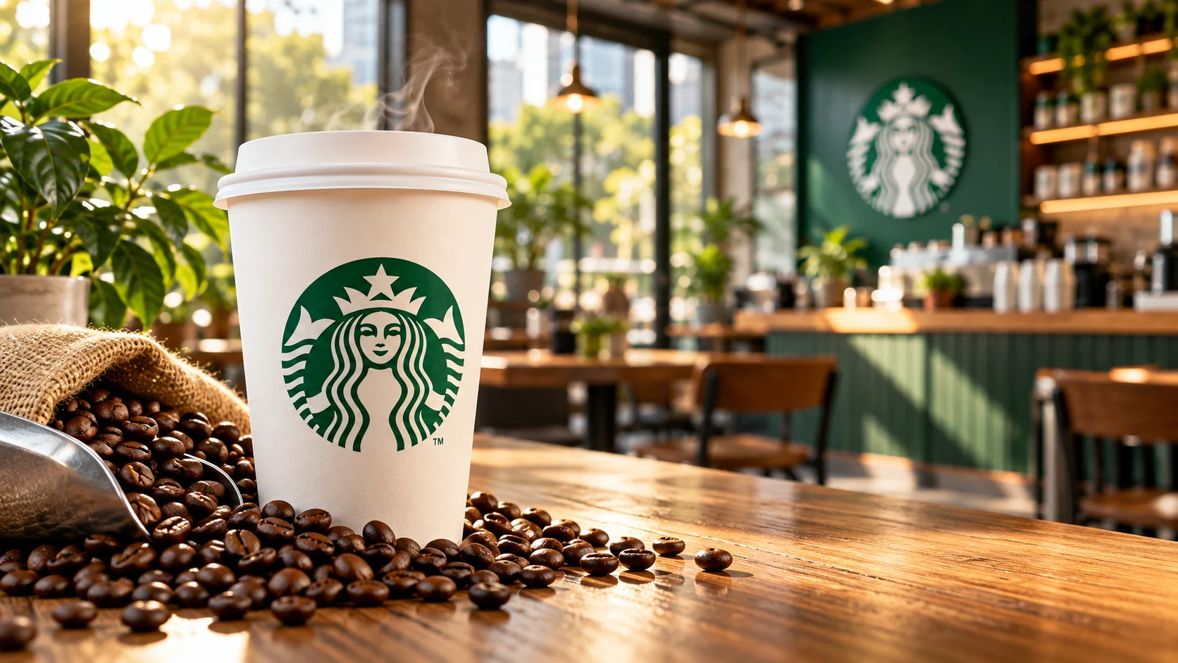 Tazza da asporto con simbolo Starbucks e chicchi di caffè su un bancone, con caffetteria sullo sfondo.