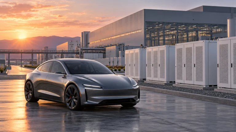 Auto elettrica in primo piano e sistemi di accumulo accanto a una fabbrica illustrativa