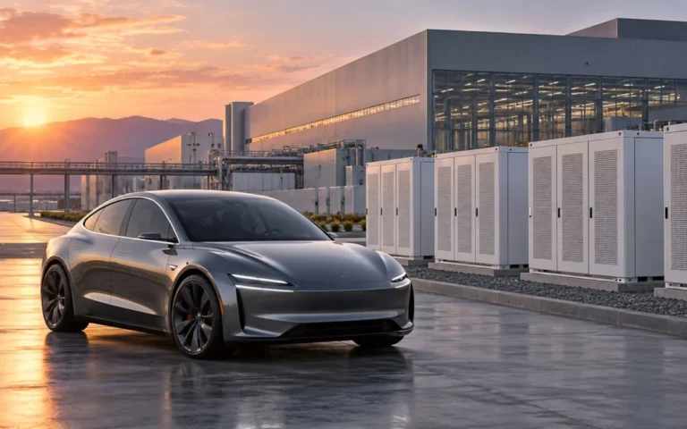 Auto elettrica in primo piano e sistemi di accumulo accanto a una fabbrica illustrativa