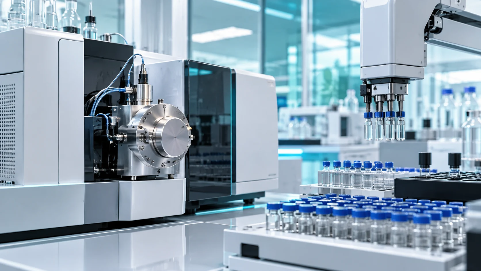Strumentazione analitica, provette e braccio robotico in un laboratorio, illustrazione per Thermo Fisher