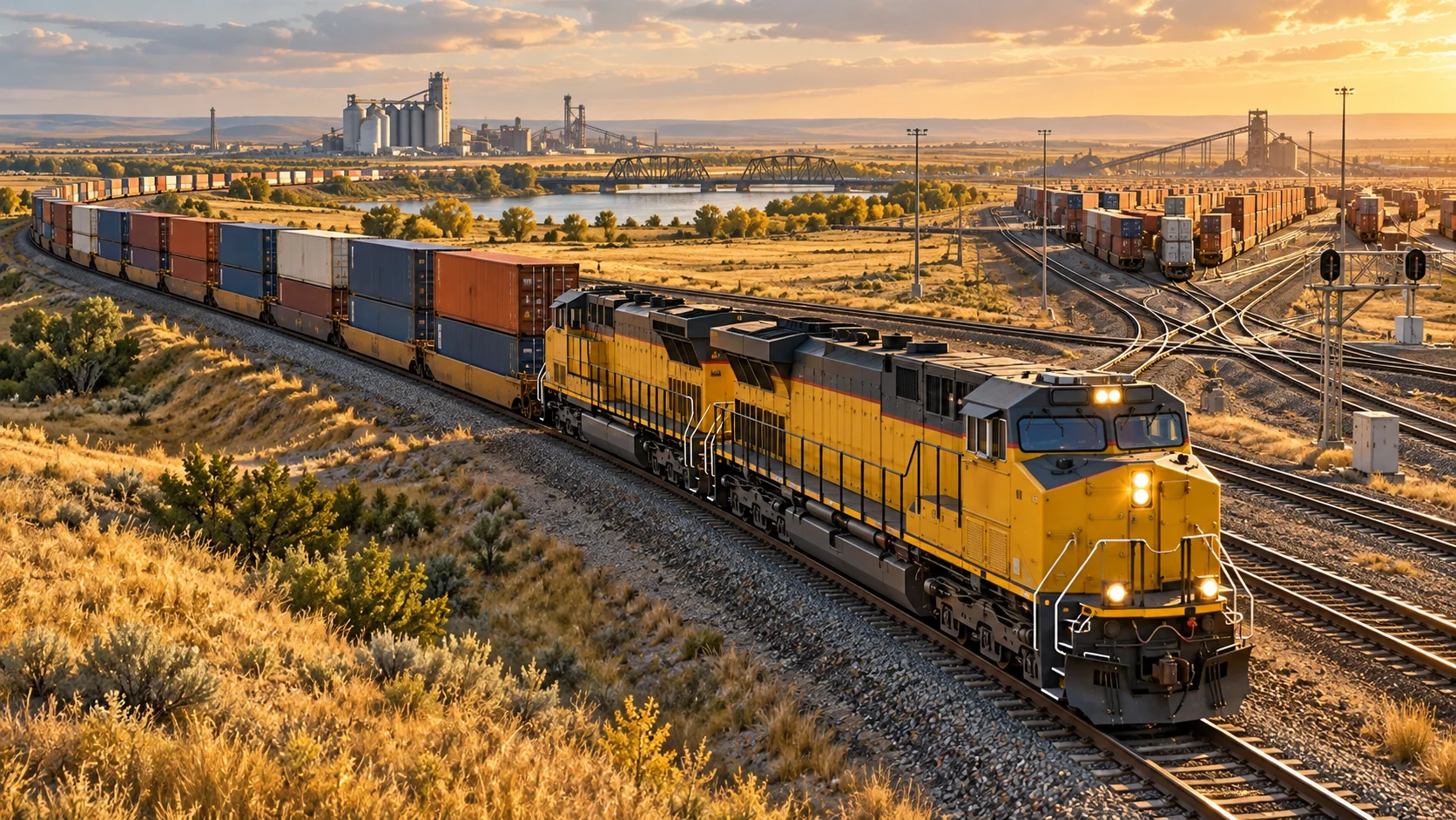 Treno merci giallo con container lungo una rete ferroviaria nelle pianure americane