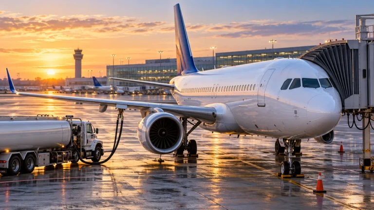 Aereo passeggeri con coda blu al gate e mezzo di rifornimento su una pista aeroportuale